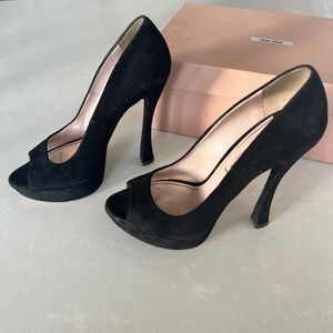 Miu Miu Prada Black Suede Open Peep Tote Glitter Heel Platform Pumps 7 With Box